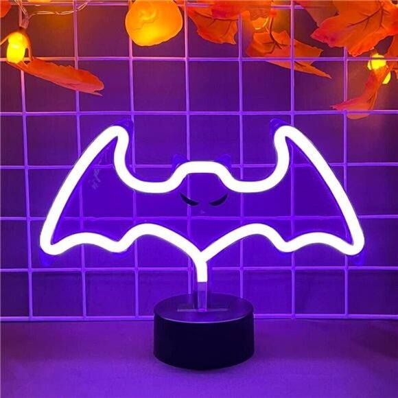 Purple Bat Neon Sign Base Halloween Decoration LED Bat Neon Light Signs Indoor - Picture 2 of 7
